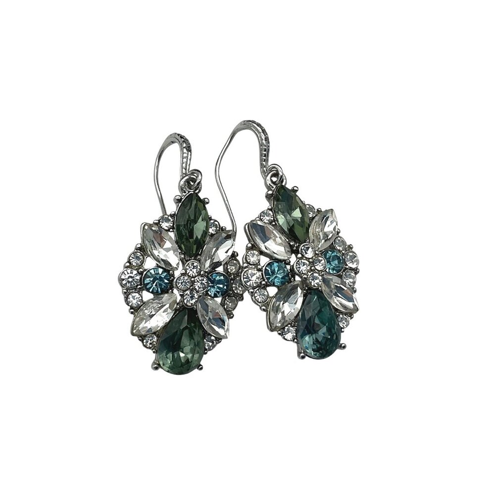 Crystal & Rhinestone Geometric Drop Earrings Silver-Tone Green & Blue Design